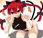  1girl animal_ears black_bow bow braid cat_ears claw_pose extra_ears fang gao hair_between_eyes hair_bow hair_ribbon heart heart_tail kaenbyou_rin looking_at_viewer nekomata pointy_ears red_eyes red_hair ribbon skin_fang solo tail tail_ornament touhou tress_ribbon twin_braids v-shaped_eyebrows zuttokodomo 