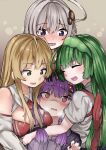  4girls ^_^ ahoge antenna_hair bangs bare_shoulders blonde_hair blush breasts breath cleavage closed_eyes collarbone fingernails girl_sandwich gradient gradient_background green_eyes green_hair green_hairband grey_hair hair_between_eyes hair_intakes hair_ornament hairband hand_on_another&#039;s_head hand_up highres hug japanese_clothes kizuna_akari long_hair looking_at_another low_twintails medium_breasts microa multiple_girls necktie no_pupils nose_blush open_mouth pink_eyes purple_eyes purple_hair red_necktie sandwiched short_necktie short_sleeves sweat touhoku_zunko tsurumaki_maki twintails vocaloid voiceroid yuzuki_yukari 