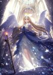  1girl angel_wings aomaru_(shta-chu-jisuiai) bare_shoulders blonde_hair breasts closed_mouth commentary_request dress fate/grand_order fate_(series) halo headpiece highres jeanne_d&#039;arc_(fate) long_hair looking_at_viewer medium_breasts multiple_wings planted planted_sword purple_eyes solo sword very_long_hair weapon white_dress wings 