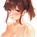  1girl bangs bare_shoulders blush breasts brown_eyes brown_hair cleavage collarbone large_breasts long_hair looking_at_viewer original parted_lips ponytail shirt sidelocks simple_background solo strap_slip sweat tank_top upper_body white_background white_shirt yuyama_chika 