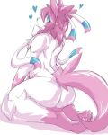  &lt;3 ambiguous_gender anthro arched_back bow_tie butt eeveelution fur generation_6_pokemon hi_res kneeling looking_at_viewer looking_back nintendo pink_body pink_fur pokemon pokemon_(species) presenting presenting_hindquarters sakamata simple_background solo sylveon video_games white_background white_body white_fur 