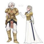  ... 1boy 1girl aged_up armor armored_dress dress elbow_gloves gloves grey_hair highres link looking_at_another mims_(mimimon) princess_zelda scar shared_speech_bubble speech_bubble spoken_ellipsis standing sword the_legend_of_zelda the_legend_of_zelda:_ocarina_of_time weapon 