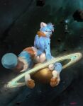  2022 anthro blue_body blue_fur blue_hair brown_body brown_eyes brown_fur brown_pawpads butt closed_smile cosmic_background full-length_portrait fur glistening glistening_pawpads hair hi_res looking_at_viewer looking_back macro male markings mouth_closed narrowed_eyes nebula nude oselotti pawpads planet portrait rear_view short_hair signature sitting solo space space_background species_request striped_body striped_fur striped_markings striped_tail stripes tail_markings white_body white_fur 