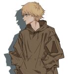  1boy baggy_clothes blonde_hair brown_hoodie chainsaw_man denji_(chainsaw_man) facing_to_the_side hands_in_pockets highres hood hoodie looking_to_the_side open_mouth short_hair simple_background solo tasuketemama white_background 