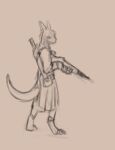  ambiguous_gender anthro clothed clothing full-length_portrait gun hi_res holding_gun holding_object holding_weapon kiva~ melee_weapon monochrome portrait ranged_weapon simple_background sketch solo species_request standing sword three-quarter_view unsigned weapon 