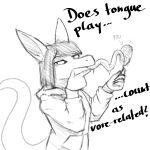  1:1 absurd_res ambiguous_gender anthro clothed clothing duo female hair hi_res jacket kiva~ licking licking_another long_tongue looking_at_viewer monochrome mouth_closed narrowed_eyes simple_background species_request standing tongue tongue_out topwear unsigned 