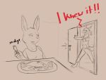  anthro bottomwear clothed clothing dishes door dragon duo english_text female fish_meat food hair hi_res holding_fork inside jacket kiva~ lagomorph leporid mammal meat narrowed_eyes open_mouth pants partially_colored rabbit sketch text topwear unsigned 