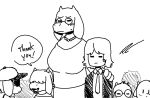  2022 anthro boss_monster bovid bovine caprine child clothing dialogue eyewear fakeryway father father_and_child female frisk_(undertale) fur glasses group hair human humanoid jewelry male mammal mature_female monochrome mother mother_and_child necklace necktie parent parent_and_child speech_bubble suit tall_girl text toriel undertale undertale_(series) video_games young 
