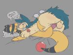  ambiguous_gender ampharos anthro balls blindfold blue_body blush dialogue duo english_text feedies generation_2_pokemon genitals grey_background male male_penetrating nintendo penetration penis pokemon pokemon_(species) simple_background text typhlosion video_games yellow_body 
