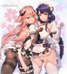  2022 2girls alternate_costume animal_ears apron artist_name ass black_gloves black_pantyhose braid braided_ponytail breasts cameltoe company_connection cosplay crossover dress elysia_(honkai_impact) elysia_(miss_pink_elf)_(honkai_impact) elysia_(miss_pink_elf)_(honkai_impact)_(cosplay) enmaided flower fox_ears frilled_dress frills garter_belt genshin_impact gloves hair_flower hair_ornament highres honkai_(series) honkai_impact_3rd large_breasts long_hair looking_at_viewer looking_back maid maid_apron mihoyo multiple_girls panties pantyhose parted_lips pink_hair purple_eyes purple_flower purple_hair purple_rose raiden_shogun rikume rita_rossweisse rita_rossweisse_(umbral_rose) rita_rossweisse_(umbral_rose)_(cosplay) rose short_sleeves thighhighs underwear white_background white_gloves white_panties white_pantyhose white_thighhighs yae_miko 