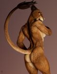  3d_(artwork) anthro athletic butt digital_media_(artwork) felid female fur jorie_(thirteeenth) lion mammal multicolored_body multicolored_fur muscular muscular_female nude orange_body orange_eyes orange_fur pantherine simple_background solo thirteeenth two_tone_body two_tone_fur 