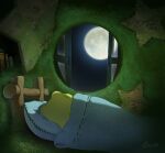  bed book frog hachiya_shohei highres indoors moon night no_humans original pillow star_(symbol) under_covers window 