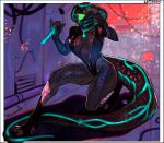  anthro black_body black_scales breasts claws cleavage clothed clothing dagger female forked_tongue glistening glistening_body glistening_scales glowing glowing_mouth green_mouth hi_res lbt9000 long_tail melee_weapon pupils red_eyes reptile scales scalie slit_pupils snake solo thick_tail tongue tongue_out weapon 