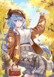  1girl alternate_costume autumn autumn_leaves bag bangs black_bow black_shirt blue_hair blue_sky blush bow breasts brown_cardigan brown_headwear cardigan closed_mouth commentary_request falling_leaves feet_out_of_frame fur-trimmed_headwear ganyu_(genshin_impact) genshin_impact ginkgo ginkgo_leaf goat_horns grey_skirt hair_between_eyes hand_up handbag holding holding_bag horns leaf long_hair long_sleeves looking_at_viewer midriff_peek natsume_koji open_cardigan open_clothes outdoors pink_nails plaid plaid_skirt purple_eyes red_bag shirt skirt sky smile solo undershirt very_long_hair watermark white_shirt 