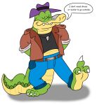  2022 alligator alligatorid anthro bottomwear brok_(character) brok_the_investigator clothing crocodilian dialogue english_text eyes_closed feet green_body hat headgear headwear hi_res jolly_the_lizard jollyville pants reptile scalie shirt solo text topwear video_games 