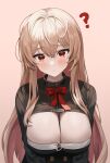  1girl ? absurdres between_breasts black_shirt blonde_hair bow bowtie breasts cleavage cleavage_cutout clothing_cutout fakey highres large_breasts long_hair long_sleeves looking_at_viewer original raised_eyebrow red_eyes shirt simple_background solo upper_body 