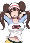  1girl arms_up bangs baseball_cap blush bow breasts brown_hair closed_eyes hair_between_eyes hair_bun hairband hat highres large_breasts midriff midriff_peek navel nishikino_kee pink_bow poke_ball poke_ball_print poke_ball_symbol pokemon pokemon_(game) pokemon_bw rosa_(pokemon) skirt stomach tongue tongue_out twintails yellow_hairband yellow_skirt 