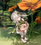  1girl absurdres barefoot bracelet braid buruma child closed_eyes dappled_sunlight dress elf female_child flatculture flower genshin_impact grass grey_hair head_tilt highres hugging_own_legs jewelry light_smile nahida_(genshin_impact) on_floor pointy_ears single_braid sitting smile sunlight 