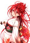  1girl bangs flower hair_between_eyes hair_flower hair_ornament highres holding holding_sword holding_weapon japanese_clothes katana kimono long_hair long_sleeves looking_at_viewer obi parted_lips red_eyes red_flower red_hair sash shakugan_no_shana shana simple_background solo spider_lily sword tachitsu_teto v-shaped_eyebrows very_long_hair weapon white_background white_kimono 