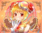  1girl ankle_bow blonde_hair bow brooch bun_cover china_dress chinese_clothes cure_yum-yum delicious_party_precure dress food food_print gloves hair_bun hanamichi_ran heart_brooch highres huge_bow jewelry lazy_orange looking_at_viewer magical_girl noodles orange_background precure red_eyes short_sleeves smile solo triple_bun upper_body white_gloves white_stripes yellow_dress 