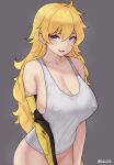  1girl ahoge blonde_hair bluefield bottomless breasts cleavage covered_nipples grey_background groin highres large_breasts long_hair looking_at_viewer parted_lips prosthesis prosthetic_arm purple_eyes rwby simple_background smile solo tank_top twitter_username wavy_hair white_tank_top yang_xiao_long 