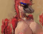  anthro avian big_breasts bird breasts detailed dinosaur ezlynn_the_crimson_raptor_(dododragon56) feathered_dinosaur feathers female hi_res kheltari looking_at_viewer nipples painting_(artwork) red_body red_eyes reptile scalie simple_background smile solo traditional_media_(artwork) 