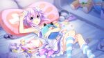  1girl :o arm_up armpits bare_arms blue_socks choujigen_game_neptune date_a_live:_spirit_pledge dress food game_console highres holding looking_at_viewer lying medium_hair neptune_(neptune_series) neptune_(series) on_back on_bed pillow pudding purple_eyes purple_hair socks solo striped striped_socks white_dress white_socks 