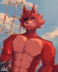 2022 abs anthro canid canine clothed clothing digital_media_(artwork) eye_patch eyewear five_nights_at_freddy&#039;s fox foxy_(fnaf) fur hi_res hook hook_hand male mammal muscular muscular_anthro muscular_male pecs pirate red_body red_fur scottgames selada single_tooth sky sky_background solo topless topwear video_games yellow_eyes 