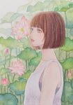  1girl bob_cut brown_hair day flower green_eyes highres k.nishiyama lipstick looking_to_the_side makeup outdoors painting_(medium) parted_lips shirt short_hair sleeveless traditional_media upper_body watercolor_(medium) white_shirt 