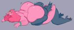  anthro avian big_butt bird blue_body blue_hair blush butt dot_eyes duo female female/female hair half-closed_eyes head_between_cheeks hi_res huge_butt lying mooncheese narrowed_eyes nude on_front open_mouth petunia_(dyna_soar) pink_body pink_hair thick_thighs yellow_sclera 