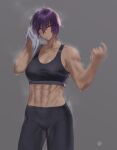  1girl abs collarbone dark-skinned_female dark_skin dated_commentary grey_background hair_between_eyes highres holding holding_towel hunyan midriff muscular muscular_female navel original pants purple_hair red_eyes short_hair simple_background solo sports_bra sportswear steaming_body sweat sweating_profusely sweatpants towel wiping_face 