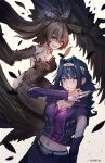  2girls absurdres anonamos artist_name black_hair blue_eyes blue_hair breasts brown_fur brown_hair card card_(medium) cleavage commentary cosplay duel_monster elbow_gloves english_commentary feather_hair_ornament feathered_wings feathers fur gloves hair_ornament hairpin harpie_lady harpy highres holding holding_card hololive hololive_english jacket kujaku_mai kujaku_mai_(cosplay) large_breasts long_hair looking_at_viewer monster_girl multicolored_hair multiple_girls nanashi_mumei ouro_kronii ponytail purple_gloves purple_jacket purple_skirt short_hair skirt sleeveless sleeveless_jacket streaked_hair vest virtual_youtuber wings yellow_eyes yu-gi-oh! yu-gi-oh!_duel_monsters 