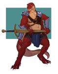  4_arms anthro armor belly crius hi_res intricatevision male melee_weapon multi_arm multi_limb muscular reptile scalie shirtless snake solo sword weapon 