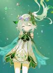  1girl ^_^ bare_shoulders blush closed_eyes closed_mouth elf flower genshin_impact green_background hair_flower hair_ornament happy highres looking_at_viewer nahida_(genshin_impact) pointy_ears qingxin_gua_yu simple_background smile solo white_hair 