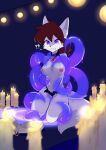  anthro bodily_fluids book brown_hair candle canid canine collar female hair hi_res mammal purple_eyes solo sparxel summoning summoning_circle sweat sweatdrop tentacles 