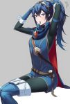  1girl alternate_hairstyle ameno_(a_meno0) arms_up bangs belt black_sweater blue_cape blue_eyes blue_footwear blue_gloves blush boots brown_belt cape fingerless_gloves fire_emblem fire_emblem_awakening gloves grey_background hair_between_eyes long_hair long_sleeves looking_at_viewer lucina_(fire_emblem) mouth_hold ponytail red_cape ribbed_sweater simple_background sitting solo sweater tiara two-tone_cape tying_hair 