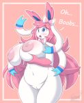  absurd_res anthro areola big_breasts blue_eyes bra breast_grab breasts clothing eeveelution feelers female fur generation_6_pokemon genitals hair hand_on_breast hi_res huge_breasts lingerie long_hair nintendo nude pink_hair pokemon pokemon_(species) pussy snackbunnii solo sparkling_eyes sylveon underwear video_games white_body white_fur wide_hips 