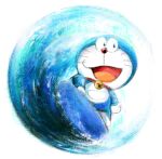  2021 anthro bell blue_body blue_fur collar domestic_cat doraemon doraemon_(character) felid feline felis fur looking_at_viewer machine male mammal mt_tg open_mouth pouch_(anatomy) red_collar red_nose robot shaded simple_background solo standing surfboard surfing tongue water wave whiskers white_background white_body white_fur 
