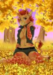  anthro autumn autumn_leaves bottomwear clothed clothing fall_(disambiguation) female giraffe giraffid hi_res horn jacket kidaoriginal leaf leaves_on_ground legend_of_ahya mammal marle_talbender_(darkflamewolf) plant shorts sitting sitting_on_ground solo topless topwear tree 