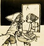  2022 absurd_res anthro bottomwear canid canine clothed clothing cybernetics cyborg disney female fox fully_clothed fur gears hi_res inktober inktober_2022 machine mammal mirror mirror_reflection monochrome reflection shirt shorts sink skye_(zootopia) solo tank_top theblueberrycarrots topwear traditional_media_(artwork) zootopia 