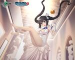  1girl apple bare_arms bare_legs barefoot black_hair blue_eyes breasts cleavage date_a_live:_spirit_pledge dress dungeon_ni_deai_wo_motomeru_no_wa_machigatteiru_darou_ka food fruit gloves hestia_(danmachi) large_breasts legs long_hair midair open_mouth solo thighs twintails very_long_hair white_dress white_gloves 