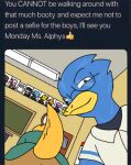  alphys anthro avian berdly bird blue_body butt classroom clothed clothing deltarune duo eyewear female glasses green_clothing green_shirt green_topwear lizard male meme reptile scalie school selfie shirt smile smirk spamton_g._spamton tail topwear undertale_(series) unknown_artist video_games white_clothing white_shirt white_topwear yellow_body 