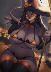  1girl absurdres animal_ears animal_nose bikini black_bow black_bowtie black_fur black_hair black_headwear black_thighhighs blurry blurry_background body_fur bow bowtie breasts broom commentary english_commentary fangs furry furry_female halloween hat highres holding holding_broom jack-o&#039;-lantern large_breasts long_hair looking_at_viewer mole mole_under_eye navel open_mouth orange_bikini orange_bow orange_bowtie orange_eyes original pumpkin side-tie_bikini_bottom sitting smile snout solo swimsuit thighhighs two-tone_bowtie whooo-ya witch_hat 
