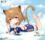  1girl 2022 :o aged_down animal_ears arknights artist_name bare_back barefoot bell black_choker blue_background blue_dress blue_sleeves bow breasts brown_hair candy choker company_name copyright_name detached_sleeves dress fang feet_up food frilled_dress frilled_sleeves frills fur-trimmed_sleeves fur_trim hair_bow hand_up highres holding holding_candy holding_food holding_lollipop kuroshiroemaki lion_ears lion_girl lion_tail lollipop looking_at_viewer lying neck_bell on_stomach red_eyes siege_(arknights) simple_background skin_fang small_breasts solo strapless strapless_dress tail tail_bow tail_ornament tail_through_clothes thigh_strap white_bow 