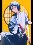  1girl :d absurdres black_eyes black_hair black_kimono bleach grin highres holding holding_sheath holding_sword holding_weapon japanese_clothes jo_jjo_29 katana kimono kuchiki_rukia long_sleeves looking_at_viewer sheath short_hair smile solo sword teeth weapon yellow_background 