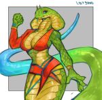  anthro apode arm_warmers armwear blue_eyes bra bracelet clothing draconcopode eyeshadow female glistening glistening_body green_body green_scales hi_res horn jewelry lbt9000 legless makeup reptile scales scalie serpentine snake snake_hood solo tongue tongue_out underwear 