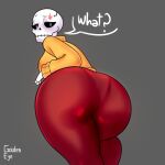  animated_skeleton anterior_nasal_aperture big_butt bone bottom_view breasts butt clothed clothing decnot_(character) digital_media_(artwork) english_text female golde grey_background hi_res humanoid leggings legwear low-angle_view orange_clothing orange_sweater orange_topwear red_clothing red_leggings red_legwear simple_background skeleton skull skull_head solo sweater text topwear undead 