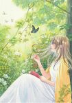  1girl against_tree book brown_eyes brown_hair bug butterfly cape day dress flower green_butterfly highres holding holding_leaf k.nishiyama leaf looking_at_animal open_book outdoors pink_nails plant profile sitting tree vines white_butterfly white_dress yellow_cape 