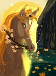  accessory ambiguous_gender aomamesbeast branch brown_eyes detailed_background equid equine facial_markings feral flower flower_in_hair hair hair_accessory head_markings hi_res horse light looking_at_viewer mammal markings orange_hair pearl_(wasen) plant solo sunlight tan_body 