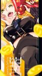  1girl bangs black_bustier black_collar black_nails black_thighhighs blonde_hair breasts ch4nge_(cevio) character_name coin collar crossed_legs green_eyes heart highres holding holding_megaphone jing_(l_i_ns) medium_breasts megaphone nijisanji nijisanji_kr open_mouth seffyna sleeves_past_wrists solo thighhighs tongue tongue_out virtual_youtuber 